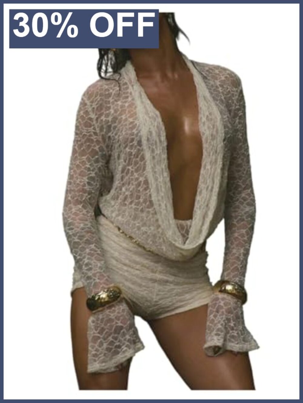 Sheer Mesh Lace Long Sleeve Plunge Cowl Neck Draped Going Out T-Shirt